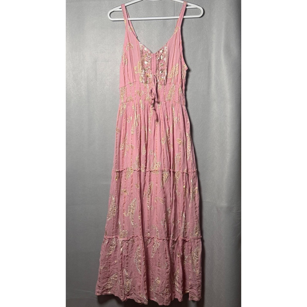 Me 2 Magic Pink Paisley Sequin Maxi Dress Womens Medium Boho Smocked Waist